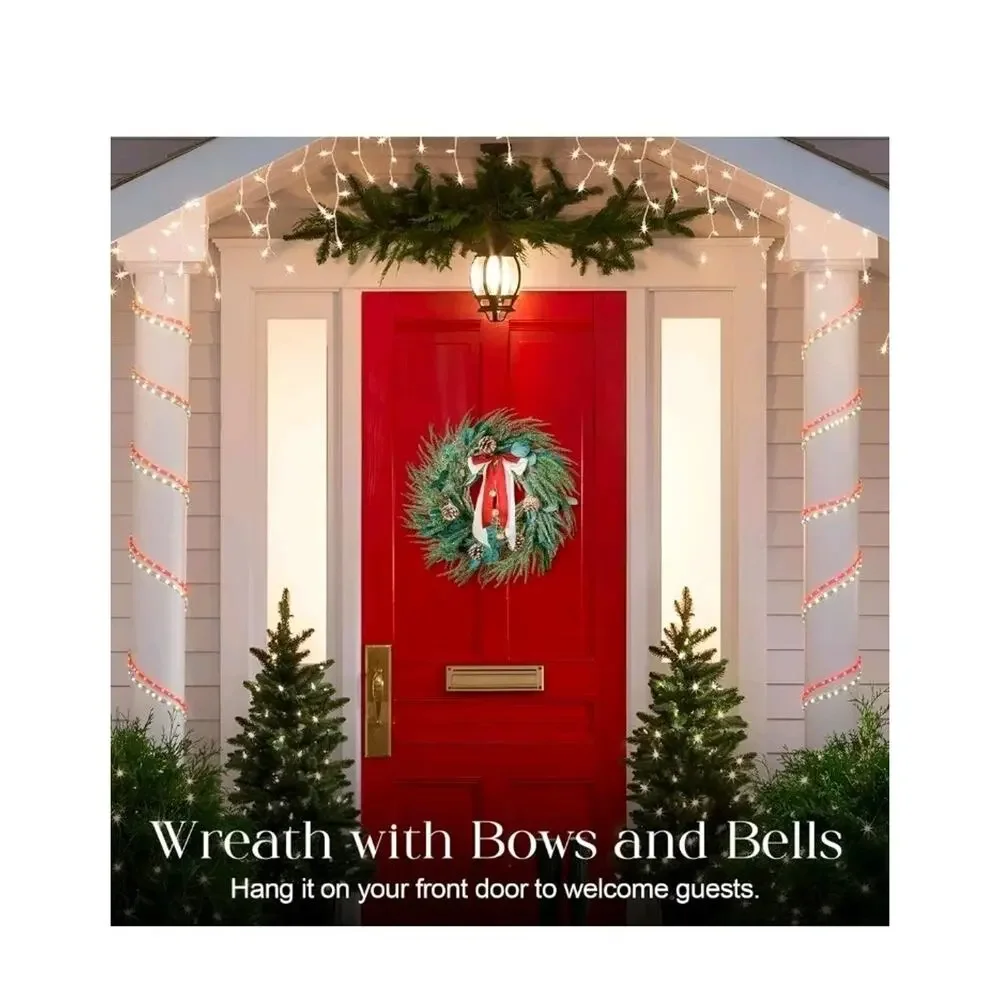 Christmas Wreaths for Front Door Outdoor, 24 Inch Artificial Xmas Winter Wreath,